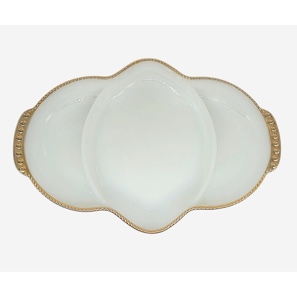 Vintage Fire King White Milk Glass with Gold Trim Divided Dish 3 Section Platter